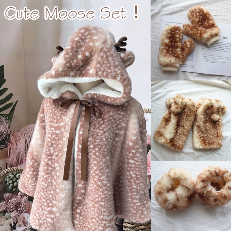 Winter Clothing Online - เสื้อคลุมกันลมลายกวางน่ารักสไตล์ญี่ปุ่นสำหรับผู้หญิงช่วงฤดูหนาว ผ้าพลัฌพิมพ์ลายจุดคริสต์มาส หนานุ่ม อบอุ่น สไตล์คาวาอี้