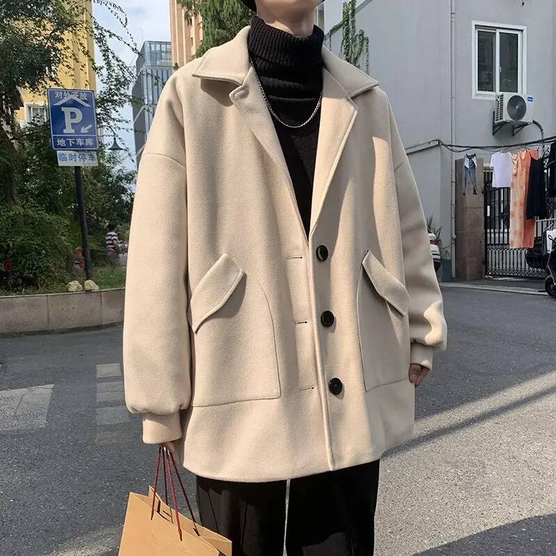 Winter Clothing Taiwan - เสื้อโค้ทขนสัตว์สีพื้นสไตล์เกาหลี สำหรับฤดูใบไม้ร่วงและฤดูหนาว คอปกแบบเบสิก ตัดเย็บอย่างดี เสื้อผ้าผู้ชาย ดีไซน์ทันสมัย