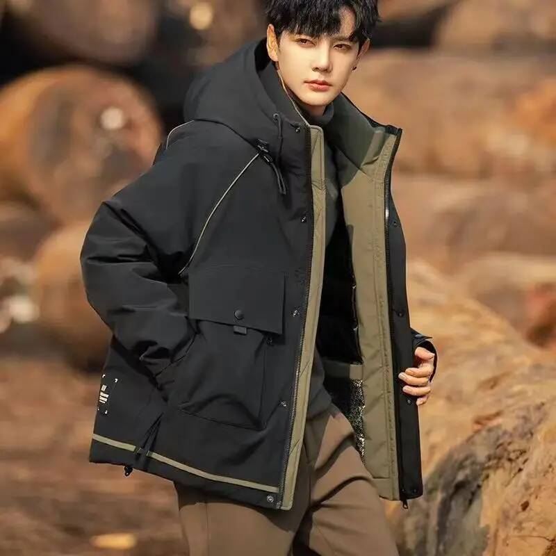 Winter Clothing Taiwan - เสื้อแจ็คเก็ตดาวน์บุขนเป็ดสำหรับผู้ชาย เสื้อคลุมกันหนาวแบบหนา มีฮู้ด สวมใส่สบาย เสื้อแจ็คเก็ตฤดูหนาวลำลองสำหรับผู้ชาย เสื้อผ้าหนังผู้ชาย