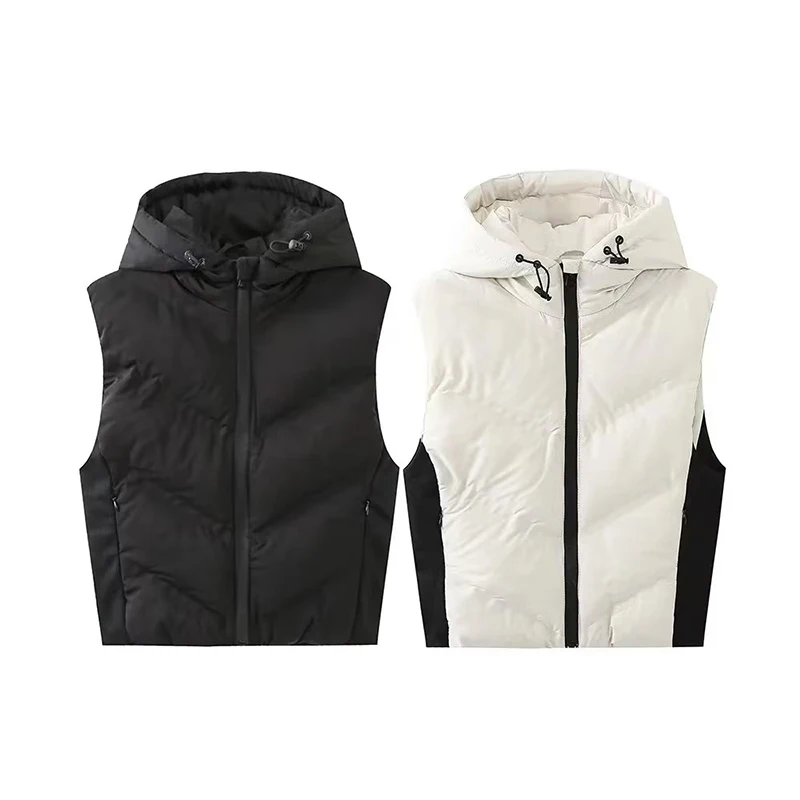 Padded Vest Gilet - เสื้อแจ็คเก็ตผ้าฝ้ายมีฮู้ดเสื้อกั๊กแจ๊กเก็ตน้ําหนักเบาซิปเสื้อกั๊ก Quilted สําหรับผู้หญิงเสื้อกั๊กเบาะ GILET แขนกุดสีดํา