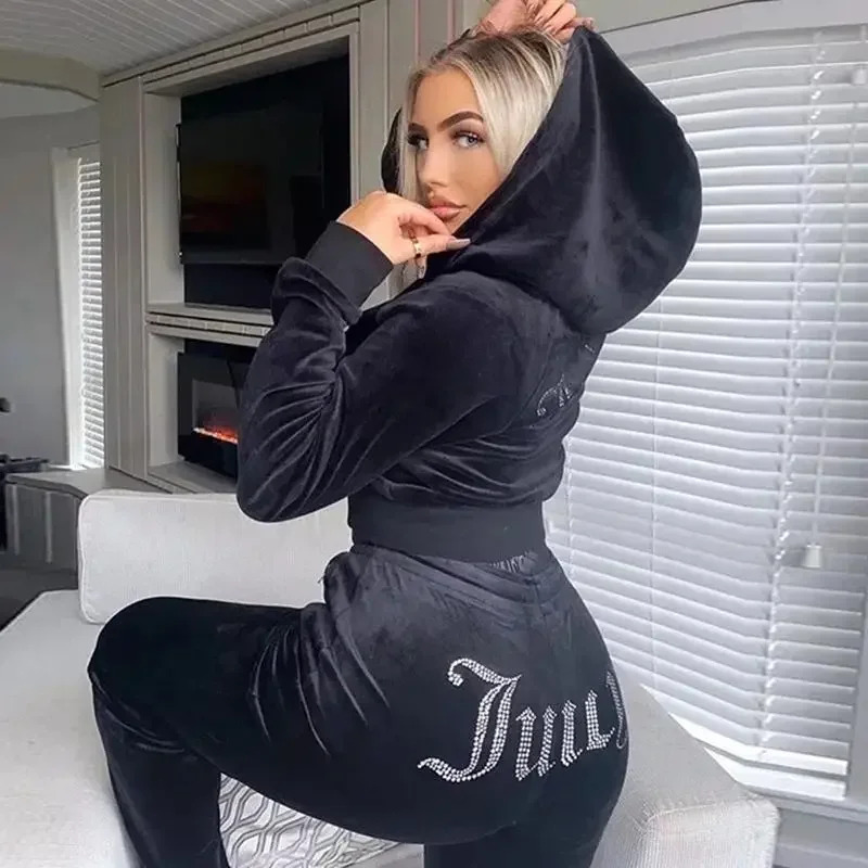 Winter Clothing Design - 2025 ใหม่ฤดูหนาว Juicy Coutoure ผู้หญิงกํามะหยี่เพชรแขนยาวกางเกง Hoodie