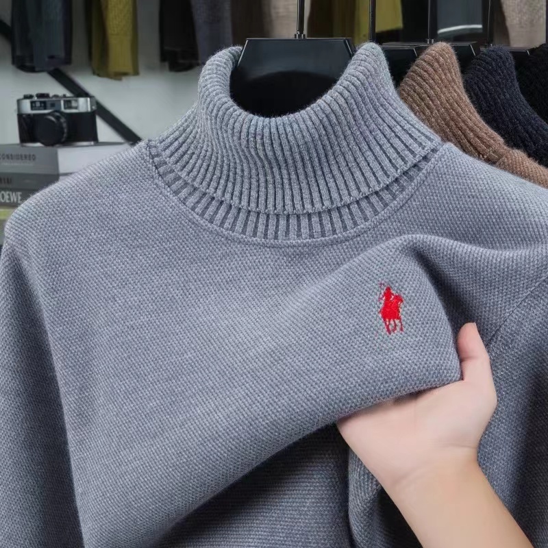Winter Clothing Online - เสื้อสเวตเตอร์กำมะหยี่แบรนด์หรูสำหรับผู้ชาย แฟชั่นดีไซน์ใหม่ ปักลายม้าโปนี่อย่างประณีต ให้ความอบอุ่นในฤดูหนาว คอสูง ถักแบบพูลโอเวอร์