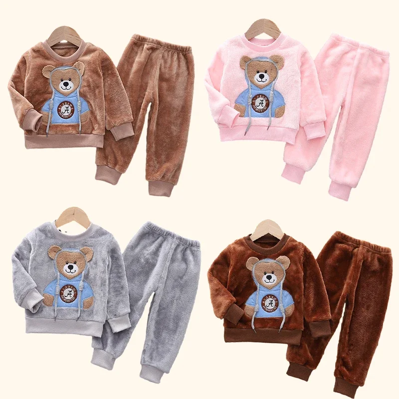 Winter Clothing For Toddlers - ฤดูใบไม้ร่วงฤดูหนาวเด็กเสื้อผ้าเด็กชุดนอนหนา Flannel ขนแกะเด็กชุดนอน 2 ชิ้นชุด WARM
