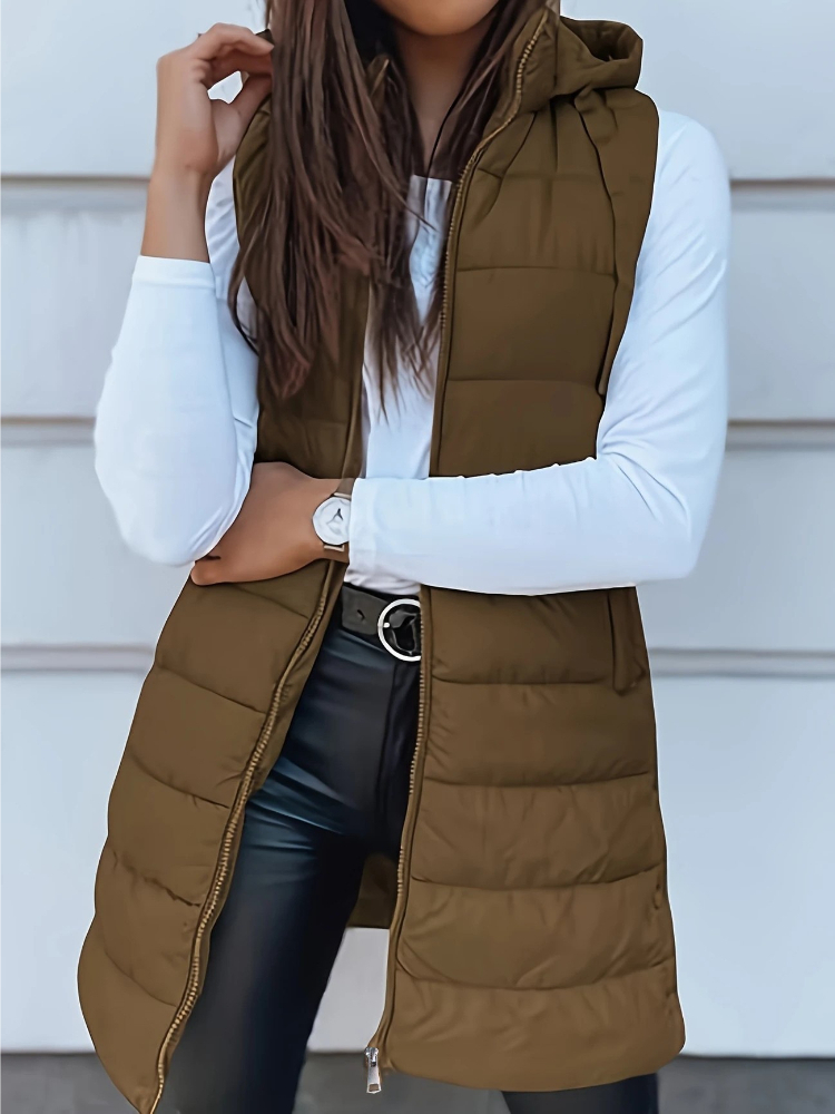Padded Vest Gilet - เสื้อกั๊กผู้หญิงสำหรับฤดูใบไม้ร่วงและฤดูหนาว เสื้อแจ็คเก็ตแบบมีฮู้ด ซิปหน้า บุผ้าควิลท์ ไม่มีแขน เสื้อคลุมกันหนาว