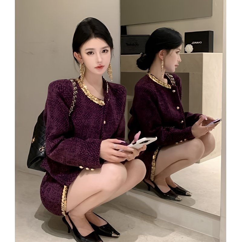 Winter Clothing Online - ชุดเซ็ตสองชิ้นแฟชั่นใหม่ประดับเลื่อมสำหรับฤดูใบไม้ร่วงและฤดูหนาว สไตล์ผู้หญิง กลิ่นอายความหรูหรา ดูเพรียวบาง เสื้อแขนยาว +