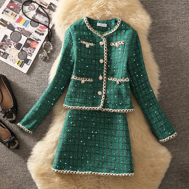 Jack Winter Clothing - ชุดสูทผ้าทวีดสำหรับผู้หญิงในฤดูหนาวเสื้อโค้ทแจ็กเก็ตกระโปรงสองชิ้นเสื้อผ้าทางการผ้าแจ็คการ์ดสำหรับใส่ไปงานปาร์ตี้