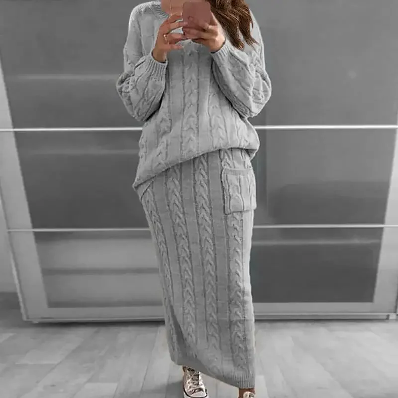 Winter Clothing Online - เสื้อกันหนาวผู้หญิงชุดฤดูใบไม้ร่วงและฤดูหนาว 2 ชิ้นชุดผู้หญิง O-คอถักเสื้อกันหนาวและกระโปรงถักชุดสบายๆชุดชุด