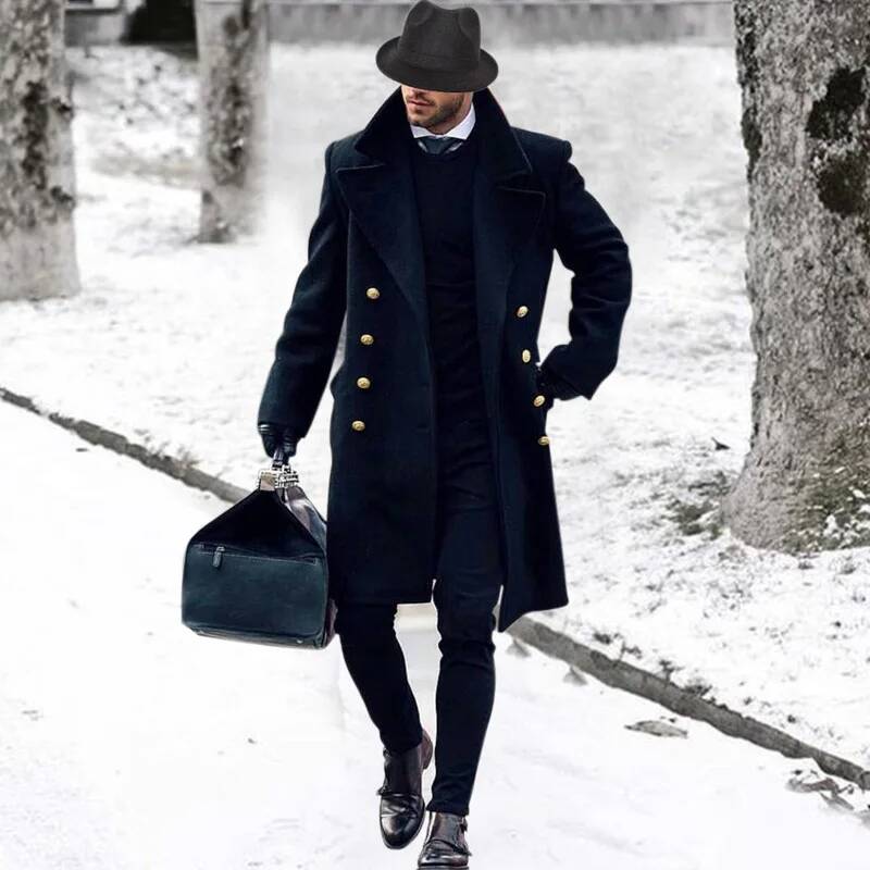 Winter Clothing Taiwan - เสื้อแจ็คเก็ตกันลมแฟชั่นใหม่สำหรับผู้ชาย แบบมีกระดุม ทรงยาว กระดุมสองแถว สีกรมท่า ไซส์