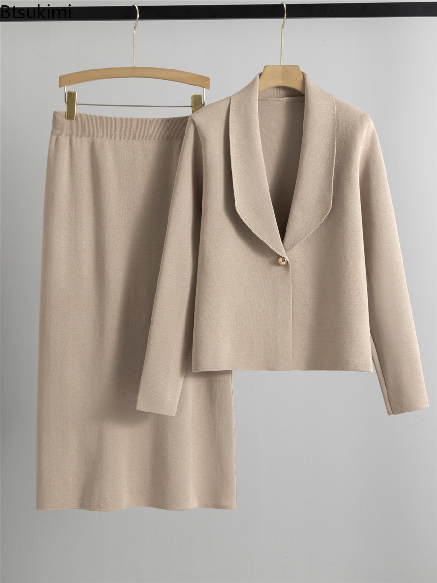 Winter Clothing Online - ชุดเซ็ตสองชิ้นถักนิตติ้งสำหรับฤดูใบไม้ร่วงและฤดูหนาว แฟชั่นผู้หญิง เสื้อคาร์ดิแกนสเวตเตอร์แจ็คเก็ตทรงหรูหรา พร้อมกระโปรงทรงเอไลน์ ชุดสูทคอปกเล็ก
