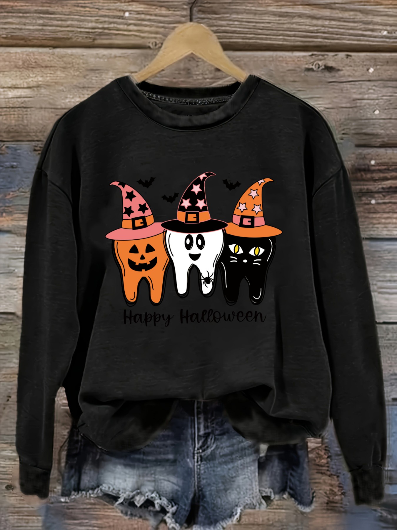 Winter Clothing Design - เสื้อยืดแขนยาวคอกลมลำลองสำหรับผู้หญิง ลายหมวกแม่มดฟันฮาโลวีน, เสื้อผ้าผู้หญิงคอกลม, ซักเครื่องได้, ยืดหยุ่นเล็กน้อย, ทรงหลวม,