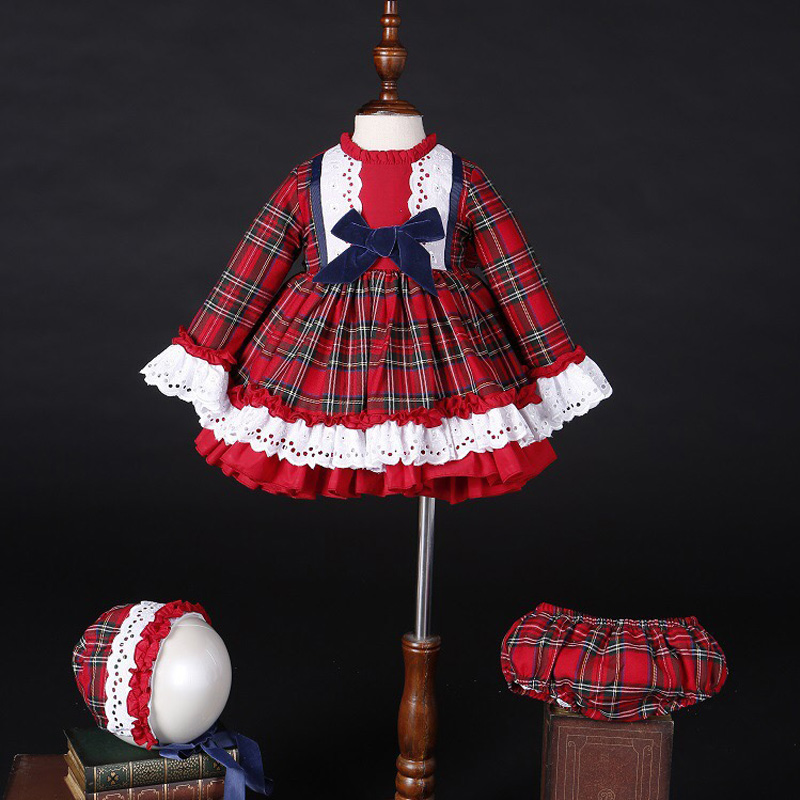 Winter Clothing For Toddlers - เด็กผู้หญิงฤดูใบไม้ร่วงฤดูหนาวคริสต์มาสลายสก๊อตสีแดงวินเทจสเปนปอมปอมบอลชุดเจ้าหญิงผ้าฝ้ายโลลิต้าเสื้อผ้าปาร์ตี้หมวกกางเกง C5